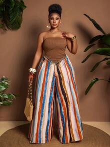 Maweii Große Größen Casual Dopamin gestreifte Highwaist Weite Bein Relaxed Hose, Sommer - Verschiedenfarbig - Übersicht 2