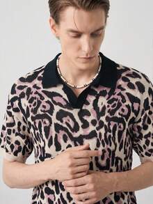Manfinity CityGents 男士豹紋針織 Polo 衫，米色夏季優雅短袖休閒寬鬆上衣，適合晚宴派對、度假、海灘與熱帶出遊 - 彩色 - 查看 5