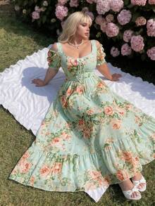Lyrianda Plus Size Spring/Summer Keyhole Drawstring Tie Shoulder Floral Print Dress - Light Yellow - View 4