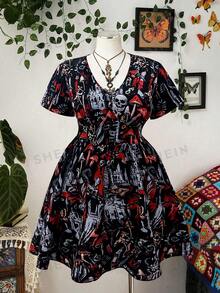 Sunspun Plus-Size Women's V-Neck All-Over Print Casual Party Dress - Multicolor - View 3