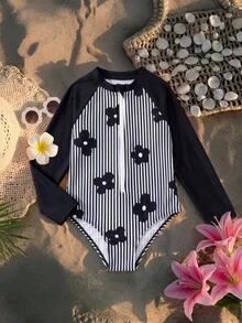 SHEIN 少女條紋花卉印花前拉鍊長袖連身泳衣 - 彩色 - 查看 2