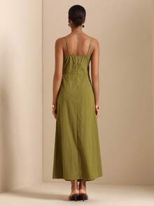 Elafinee Women's Solid Color Pleated Design Elegant Maxi Slip Dress Vacation Olive Green Summer - Olive Green - View 2