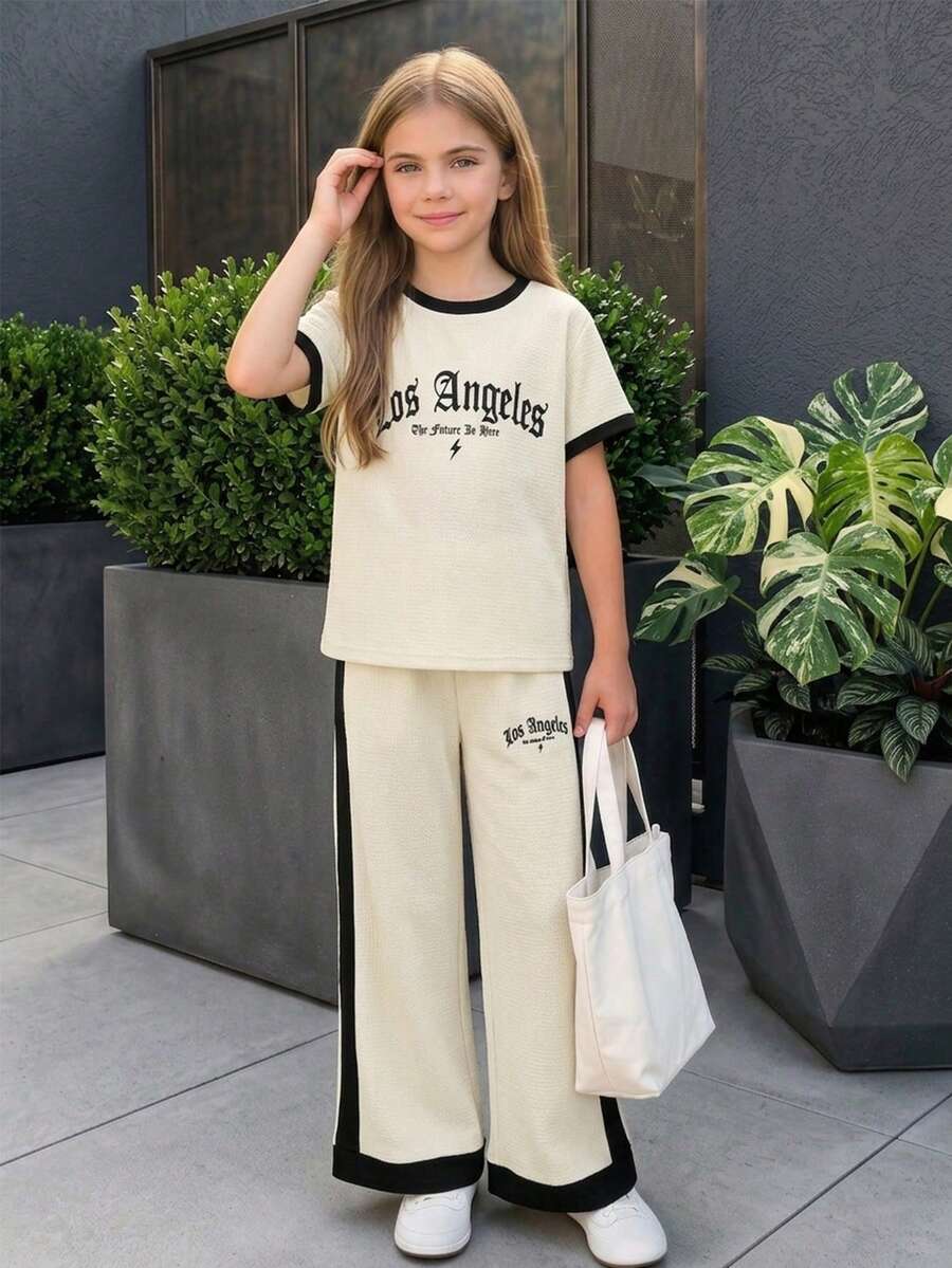 青少年女孩休閒百搭日常穿著黑白對比滾邊圓領插肩袖T恤+直筒針織長褲套裝 - 白色 - 查看 1