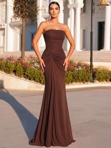 Glamrae Elegant Brown High-Elastic Mesh Strapless Dress With Asymmetric Pleats At The Waist And A Fishtail Train; No Or Flowing Panels; Evening Gow - Rust Brown - View 5