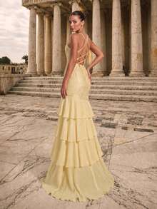 Glamrae Elegant Stylish Light Yellow Sequined Embroidered Chiffon Halter Top With Back Tie Slit Multi-Tiered Cake Skirt; Formal Evening Gown For - Light Yellow - View 3
