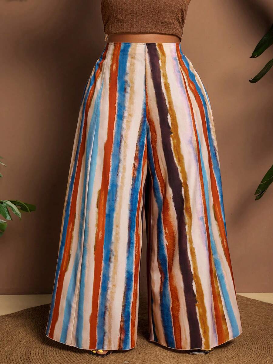 Maweii Große Größen Casual Dopamin gestreifte Highwaist Weite Bein Relaxed Hose, Sommer - Verschiedenfarbig - Übersicht 1