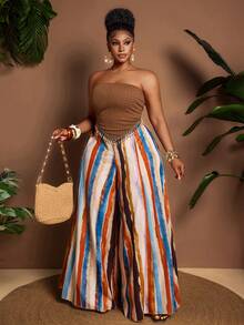 Maweii Große Größen Casual Dopamin gestreifte Highwaist Weite Bein Relaxed Hose, Sommer - Verschiedenfarbig - Übersicht 6