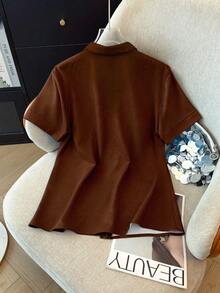Omancia Women's Summer Casual Commuting Short Sleeve Patchwork Pocket Shirt - Rust Brown - View 2