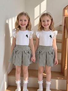 Elladie kids 两件套女童清新甜美套装，白色圆领上衣，飘逸袖子，马匹印花；黑白条纹半身裙，饰有蝴蝶结；适合日常穿着、上学、外出、旅行、休闲聚会等场合；2026春夏款 - 白色 - 查看 6