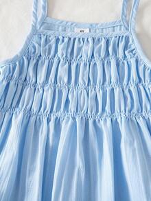 SHEIN Elladie kids 夏季波西米亚风柔软舒适女童纯色褶皱吊带背心和裤子套装，女童两件套夏季套装，浅蓝色女童套装，夏季裤装套装 - 淺藍色 - 查看 7