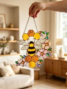 Cirelle 1 pieza Atrapasol de vidrio teñido con diseño de panal de abeja y abeja, panel colgante para ventana, decoración de pared, adorno de acrílico amarillo con cadena para cocina, esquina de ventana, jardín y decoración del hogar - Multicolor - Ver 11