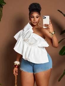 Maweii Plus Size Versatile Ruched Romantic Shoulder Blouse - White - View 4