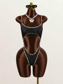 Zestiva Women's Sexy Leopard Print Hollow-Out Backless Spaghetti Strap One-Piece Swimsuit, Suitable For Summer Beach Vacation - Black - View 3