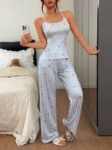 Dream Adore Pink Heart & Striped Print Camisole And Pants Women Pajama Set - Multicolor - View 3