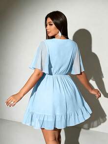 Viva Relle Plus Size Sexy Solid Color Deep V-Neck Ruffle Hem Dress - Baby Blue - View 5