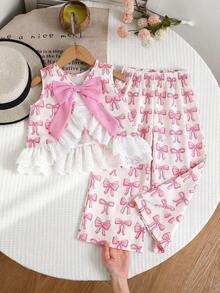 Emery Rose Kids Emery Rose Kids 女童蝴蝶结印花圆领蕾丝下摆背心和休闲裤套装 - 粉色 - 查看 5