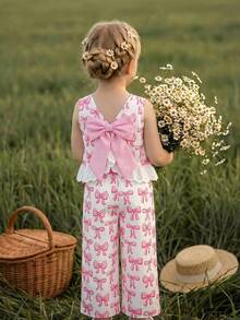 Emery Rose Kids Emery Rose Kids 女童蝴蝶结印花圆领蕾丝下摆背心和休闲裤套装 - 粉色 - 查看 12