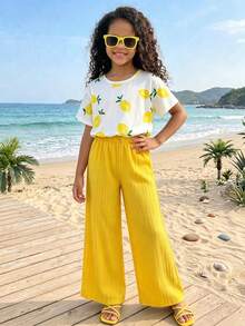 Tween Girl 2 Pieces Set, Fresh Lemon Print Round Neck Short Sleeve Top And Wide Leg Pants, Summer - Yellow - View 7