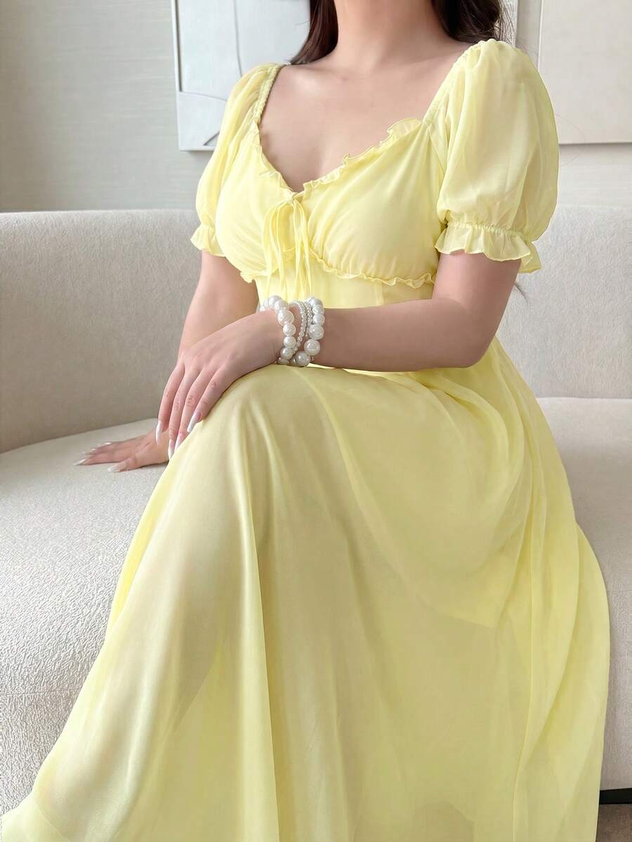 Vibekara 大码女士优雅性感V领收腰连衣裙,适合外出和日常穿着,夏季 - 淡黃色 - 查看 1