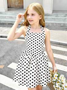SHEIN 少女夏季休闲度假波点印花露背低腰荷叶边连衣裙 - 白色 - View 3