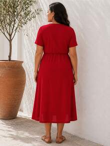 ELLERISSA Vestido midi de punto waffle con botones y mangas cortas, talla grande, color rojo - Rojo - Ver 2