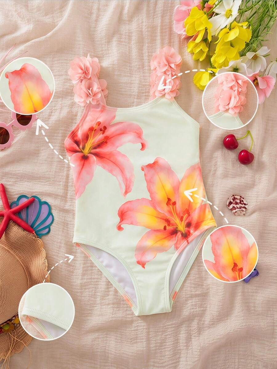 SHEIN Traje de baño de una pieza con estampado floral y volantes para niña joven - Multicolor - Ver 1