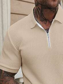 Manfinity Homme Men's Knitted Jacquard Solid Color Textured Collar & Cuffs Zip-Up Polo Suit - Apricot - View 7