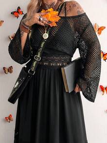 Whyspr Plus Size 2-Piece Set: Military Green Spaghetti Strap Dress & Apricot European Style Mesh Hollow Out Cover Up - Black - View 7
