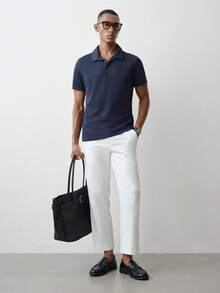MENRIVO 男士休闲纯色纹理 Polo 衫夏季，适合打高尔夫 - 藏蓝色 - 查看 2