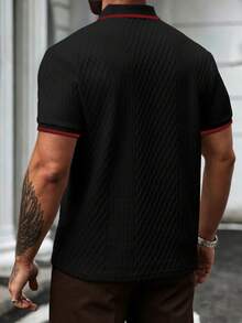 EGENSIO Camisa polo de hombre con cuello y puños acanalados, de unicolor, textura de jacquard, éxito de en negro y rojo - Negro - Ver 2