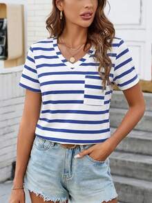 SHEIN LUNE Blue And White Striped Print, Comfortable And Casual V-Neck, Pocket, Versatile Women's T-Shirt. - Multicolor - View 3