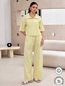 Modelyn Pastal Collared Top Paired With Straight Leg Pants Casual Minimalist Tropical Sexy Outfit Vacation Summer Golf Pale Yellow Brunch - Yellow - View 8