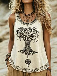 Wandoria Áo tank top nữ kiểu dáng vintage in hình cây sự sống và hoa, không tay, trễ vai, rộng rãi, thích hợp mặc hàng ngày, đi nghỉ mát, dạo phố, chất lượng cao, phù hợp cho các lễ hội, kỳ nghỉ biển, lễ hội âm nhạc, kỳ nghỉ phong cách Bohemian, tựu trường, Ngày Nhà giáo, Ngày của Mẹ, mọi mùa, các buổi tối ăn tối trên bãi biển. - Nhiều màu - Xem 1