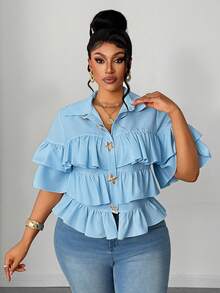 Maweii Blusa romántica de talla grande con diseño de volantes multicapa estilo francés - Azul - Ver 4