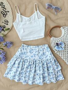 SHEIN Tween Girls Solid Color Camisole & Ditsy Floral Mini Skirt Set - Blue and White - View 6