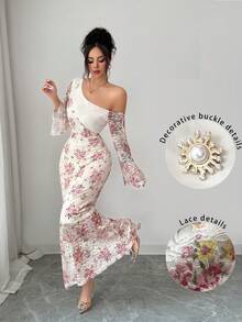 Modelyn 春夏优雅蕾丝印花不对称领口喇叭袖褶皱腰身连衣裙 - 彩色 - 查看 4