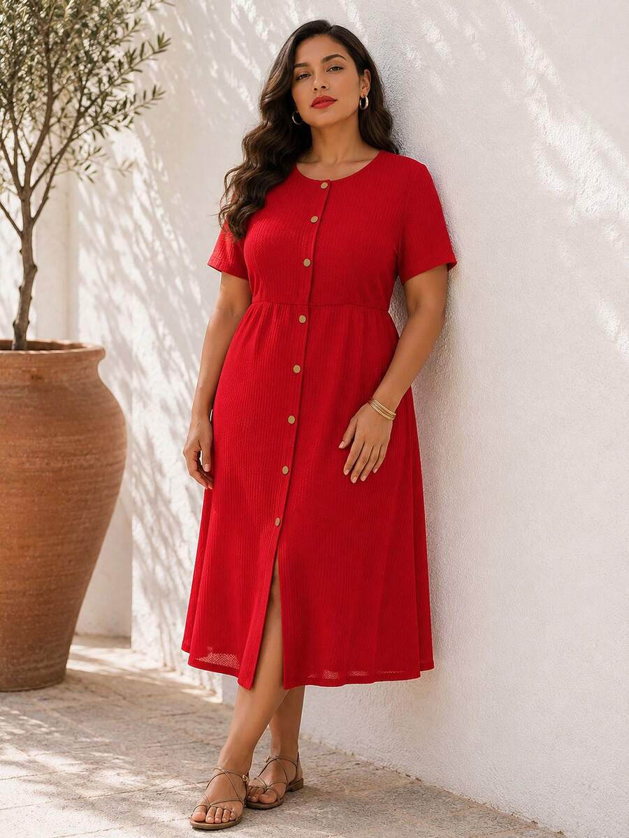ELLERISSA Vestido midi de punto waffle con botones y mangas cortas, talla grande, color rojo - Rojo - Ver 1