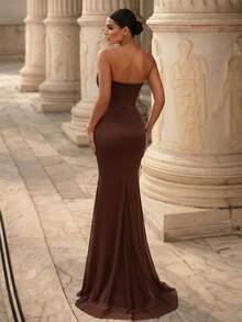 Glamrae Elegant Brown High-Elastic Mesh Strapless Dress With Asymmetric Pleats At The Waist And A Fishtail Train; No Or Flowing Panels; Evening Gow - Rust Brown - View 4