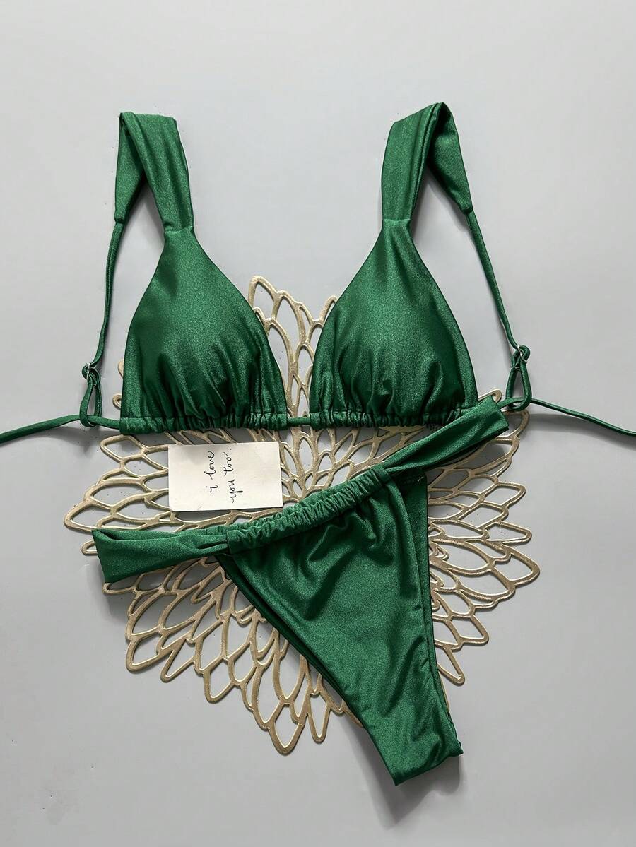 Swim Mod Conjunto de bikini de unicolor para mujer - Verde - Ver 1