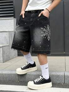 GALLERY FADE Pantalones cortos de mezclilla casual con bolsillos y adornos de diamante de imitación para hombres - Negro - Ver 7