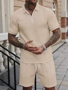 Manfinity Homme Men's Knitted Jacquard Solid Color Textured Collar & Cuffs Zip-Up Polo Suit - Apricot - View 6