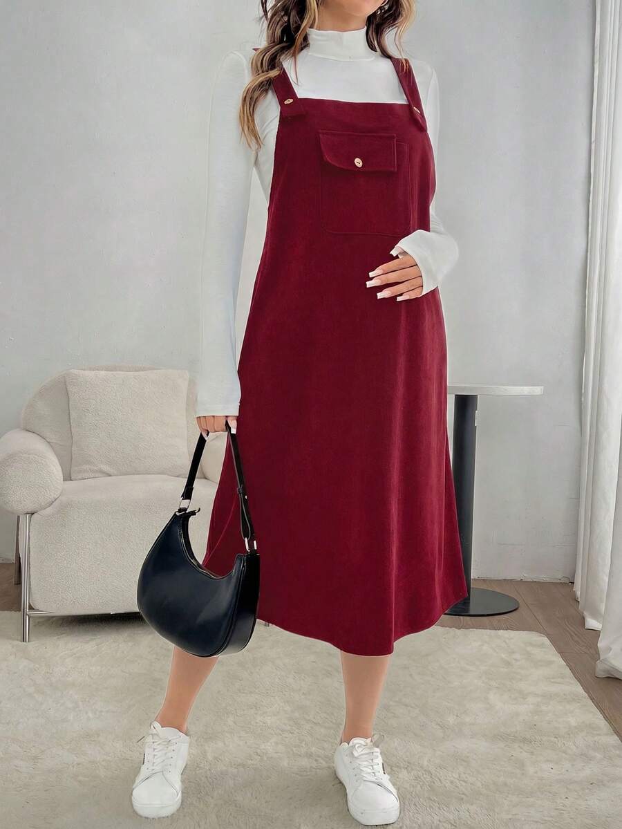 SHEIN Maternity Solid Color Casual Versatile Daily Wear Jumpsuit Dress - Burgundy - View 1