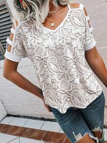 EMERY ROSE Casual Lace Print Off-Shoulder Short Sleeve T-Shirt, Summer - White - View 3