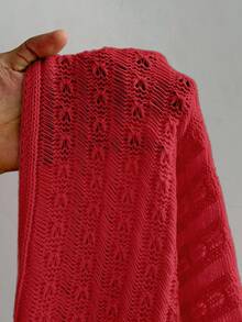 Sunspun Plus Size Women's Bohemian/Y2K Style Hollow Out Solid Color Flare Sleeve Long Sleeve Knit Sweater, Suitable For Vacation Outfits, Suitable For All Seasons - Red - View 7