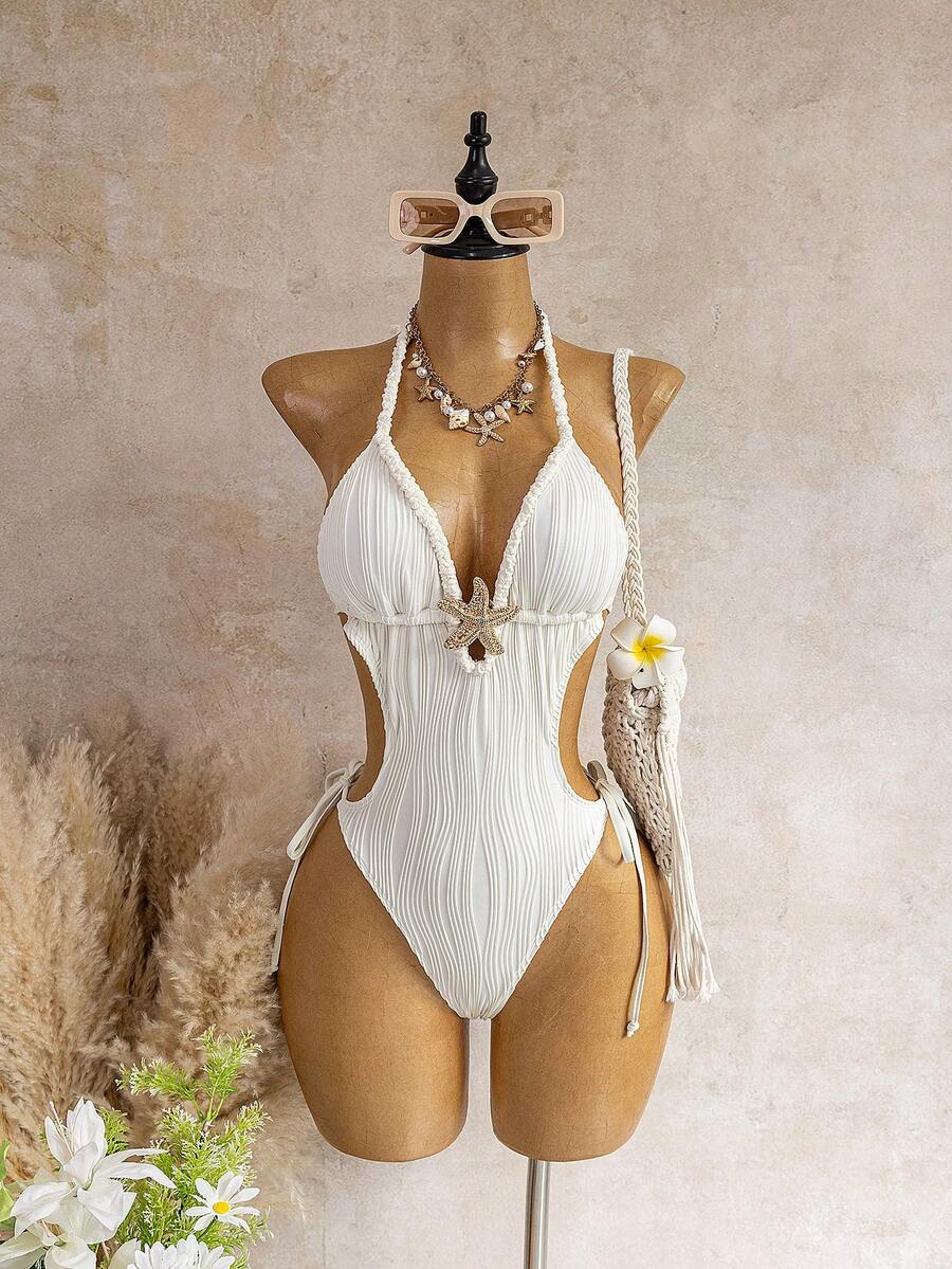 Zestiva Baju Renang Wanita Musim Panas Warna Putih Murni Bertekstur Leher Halter Bentuk V Dalam dengan Desain Tali Kepang dan Hiasan Bintang Laut, Pinggang Berongga, Ikat Samping, Model One-Piece, Gaya Liburan, Pemandian Air Panas, Pelangsing, Desain Niche - Putih - View 1