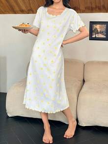 SHEIN 彩色爱心印花短袖睡裙 - 黃色 - 查看 3