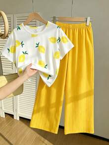 Tween Girl 2 Pieces Set, Fresh Lemon Print Round Neck Short Sleeve Top And Wide Leg Pants, Summer - Yellow - View 9