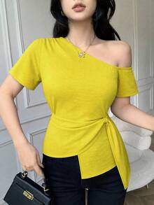 Celisse Elegant Tie-Knot Shoulder Collar Design Casual Slim Fit Blouse For Women - Yellow - View 7