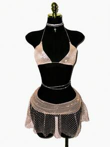 EgrlEra Women's Sexy Super Short Skirt, Fishnet Inlaid With Rhinestones, Shiny And Suitable For Party Occasions - Dusty Pink - View 2