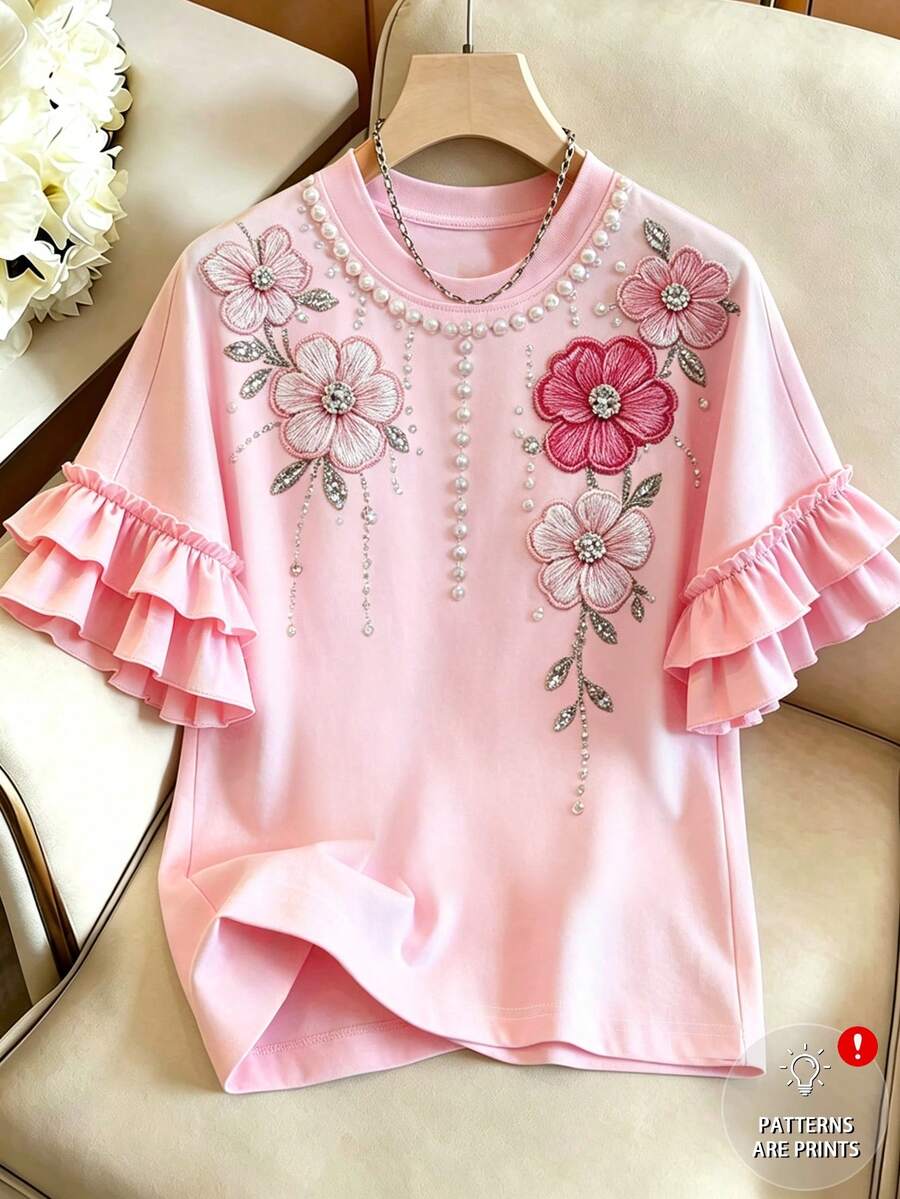 Everyssa 女士圆领粉色荷叶边拼接，时尚浪漫花卉刺绣珍珠印花短袖T恤休闲上衣，百搭日常出行、套头衫、度假休闲装，做工精良，适合节日、海滩度假、音乐节、返校季、教师节、母亲节、四季皆宜、海滩晚餐及其他休闲度假场合。 - 彩色 - 查看 1